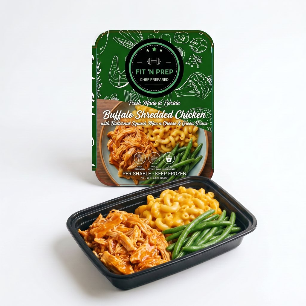 Buffalo Shredded Chicken with Butternut Squash Mac n Cheese and Green Beans