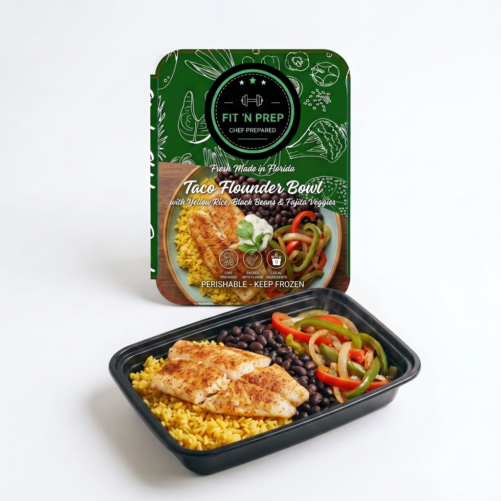 Taco Flounder Bowl with Yellow Rice, Black Beans, Fajita Veggies