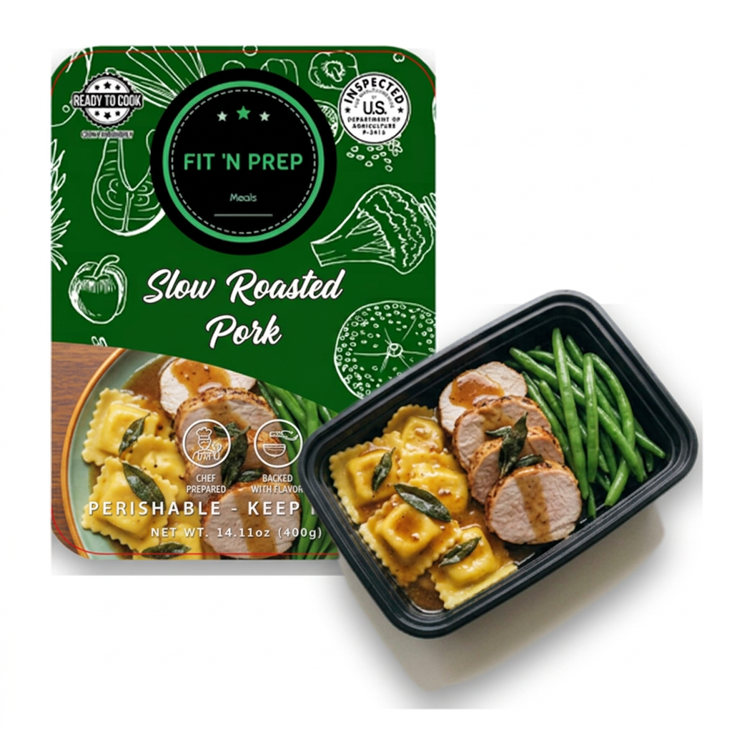Slow Roasted Pork with Butternut Squash Ravioli tossed with Brown Sugar Butter Sage Sauce, Green Beans
