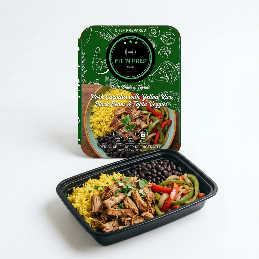 Pork Carnitas with Yellow Rice, Black Beans, Fajita Veggies