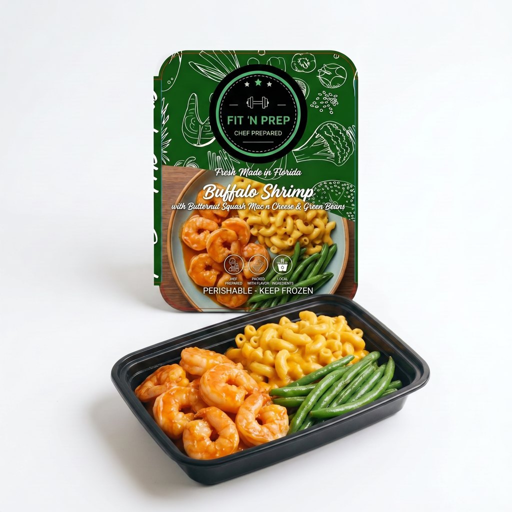 Buffalo Shrimp with Butternut Squash Mac n Cheese and Green Beans