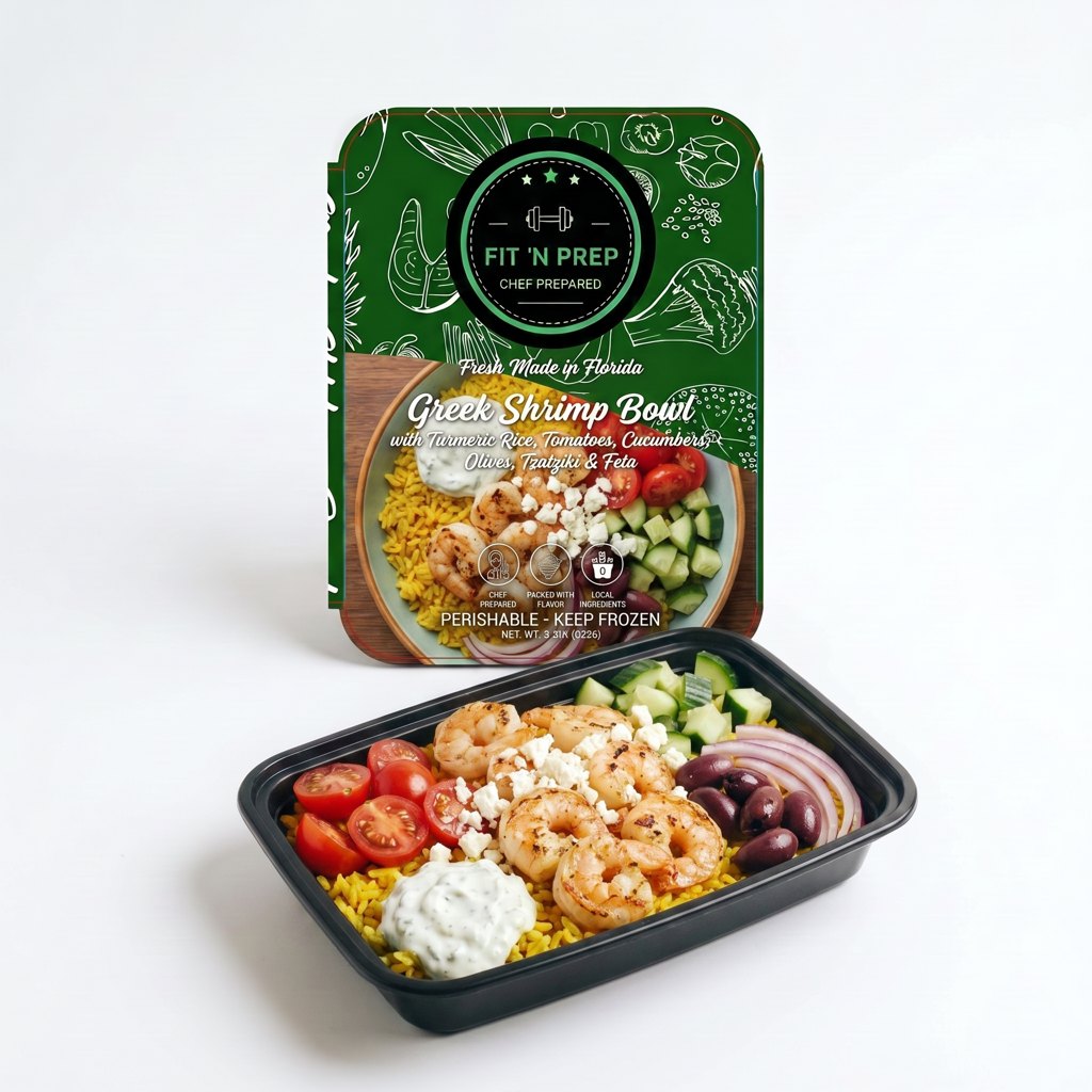 Greek Shrimp Bowl with Turmeric Rice, Tomatoes, Cucumbers, Olives, Onions, Tzatziki and Feta