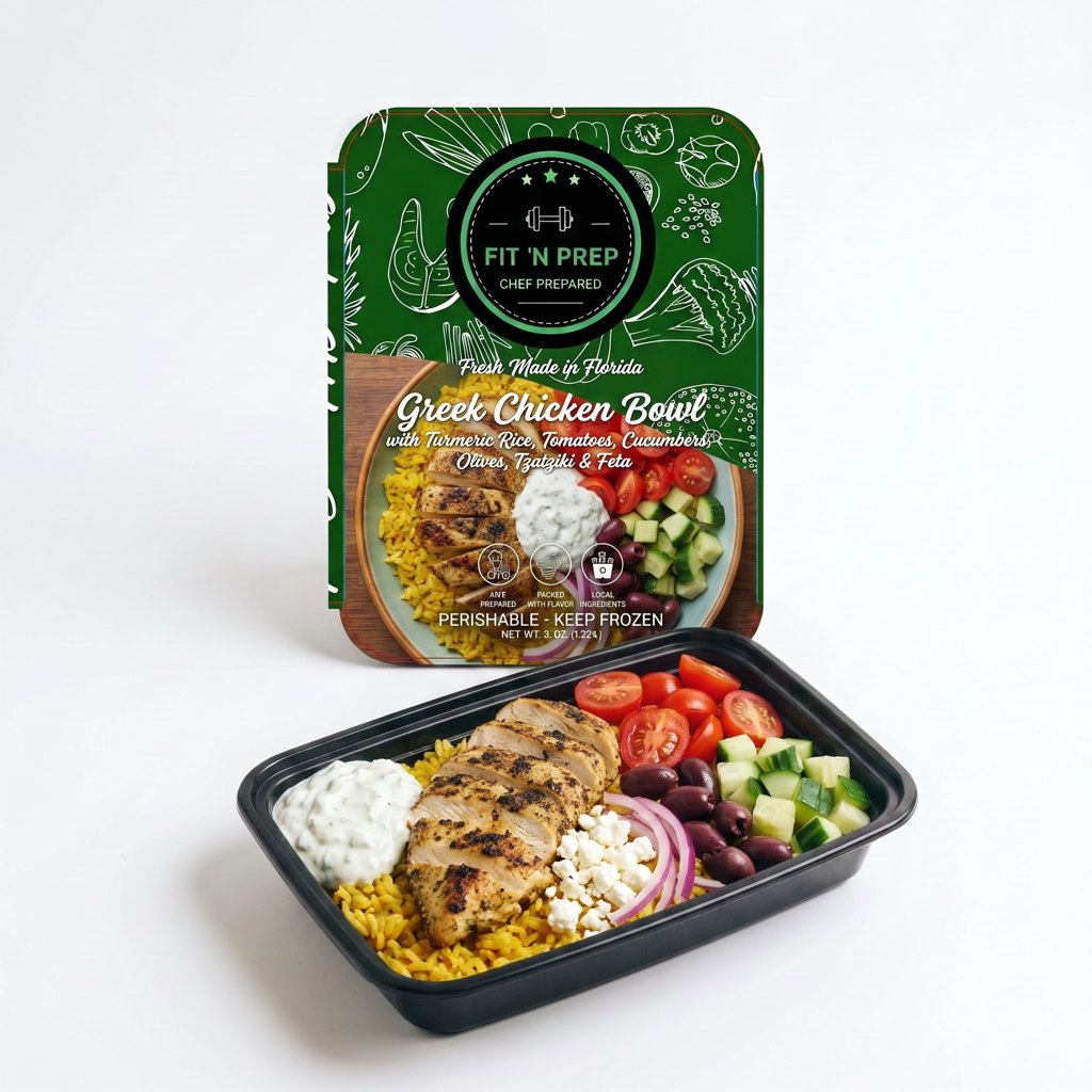Greek Chicken Bowl with Turmeric Rice, Tomatoes, Cucumbers, Olives, Onions, Tzatziki Sauce, Feta Cheese