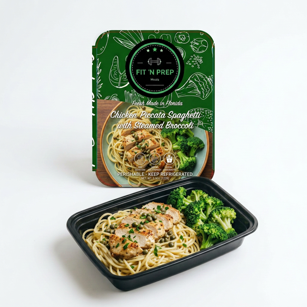 Chicken Piccata Spaghetti with Steamed Broccoli